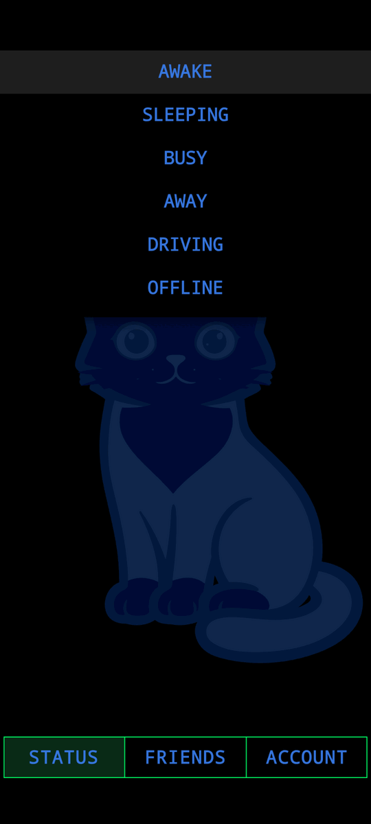 The status picker open, listing Awake, Sleeping, Busy, Away, Driving and Offline