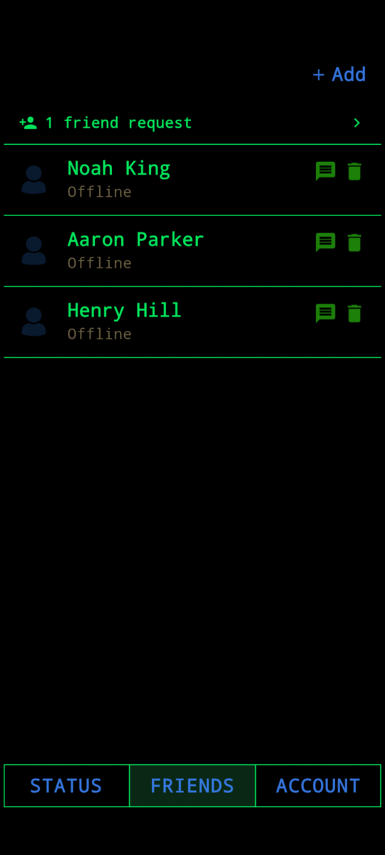 The friends list showing each contact and their current status