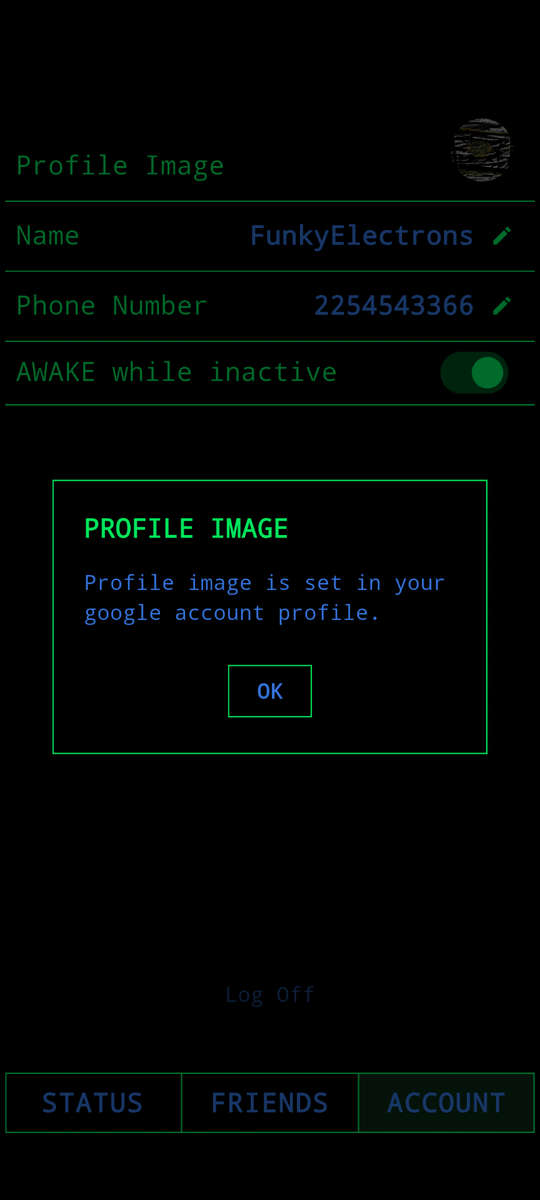 The account screen showing profile image, name and phone number settings